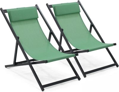 Lot de 2 Transats de Jardin en Aluminium Vert avec Dossier Inclinable 4 Positions et Assise en Textilène Souple
