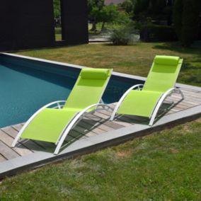 Lot de 2 transats GALAPAGOS en textilène vert - aluminium blanc - HAPPY GARDEN