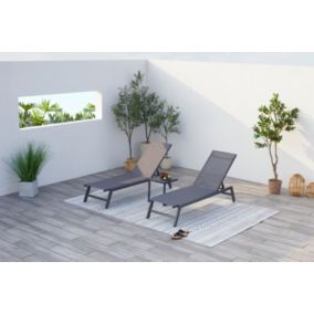 Lot de 2 transats + table d'appoint gris/noir PRATO