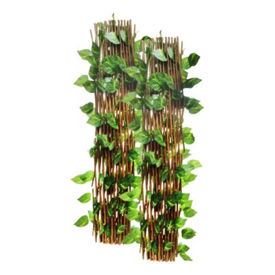 Lot de 2 Treillis Extensible en Bois Naturel avec des feuilles artificielles - Longueur 300 x Largeur 60 cm