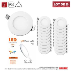 Lot de 20 Spot Encastrable Led Downlight Panel Extra plat 5w Blanc Chaud 3000k