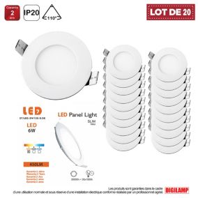 Lot de 20 Spot Encastrable Led Downlight Panel Extra plat 6w Blanc Chaud 3000k, Diamètre : 120mm