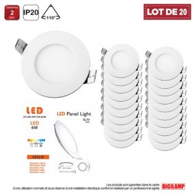 Lot de 20 Spot Encastrable Led Downlight Panel Extra plat 6w Blanc Froid 6000k, Diamètre : 120mm