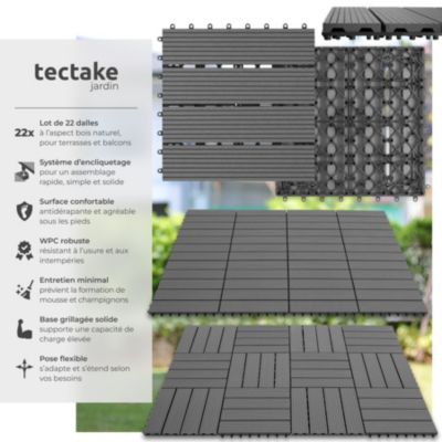 Lot de 22 dalles terrasse en WPC gris aspect bois 31x31x2,2 cm clic stable antidérapant