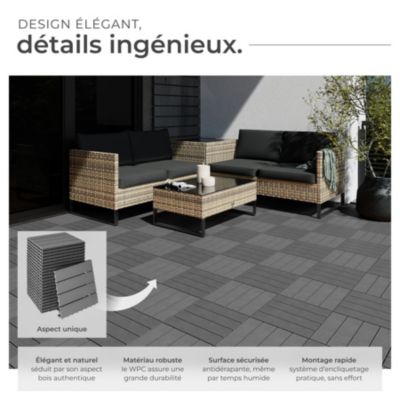 Lot de 22 dalles terrasse en WPC gris aspect bois 31x31x2,2 cm clic stable antidérapant