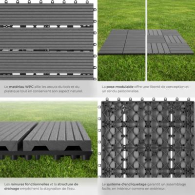 Lot de 22 dalles terrasse en WPC gris aspect bois 31x31x2,2 cm clic stable antidérapant