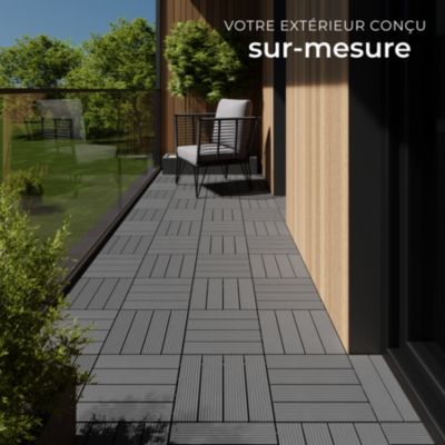 Lot de 22 dalles terrasse en WPC gris aspect bois 31x31x2,2 cm clic stable antidérapant