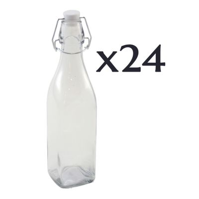 Lot de 24 bouteilles carrées en verre 0,5L avec bouchon hermétique-Longueur 6,5 x Largeur 6,5 x Hauteur 27cm