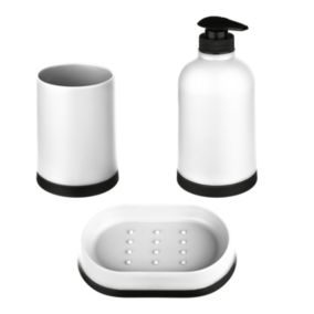 Lot de 3 accessoires salle de bains avec plateau + gobelet + distributeur de savon, blanc, 5Five