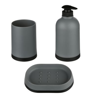 Lot de 3 accessoires salle de bains avec plateau + gobelet + distributeur de savon, gris, 5Five