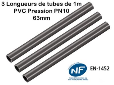 Lot de 3 Barres Tuyau 63mm Longueur 1m Rigide Tube PVC Piscine diamètre extérieur 6,3cm