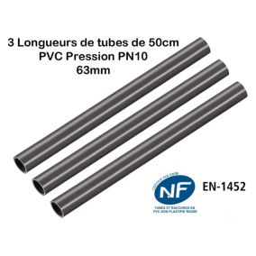 Lot de 3 Barres Tuyau 63mm : Longueur 50cm Rigide Tube PVC