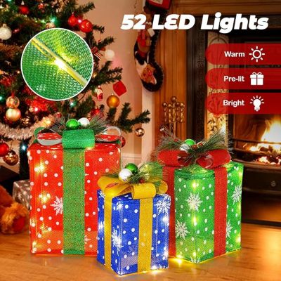 Lot de 3 Boîte Cadeaux LED Décoration Noël Lumineux avec Nœud Étanche avec 52 LED Blanc Chaud pour Intérieur Extérieur