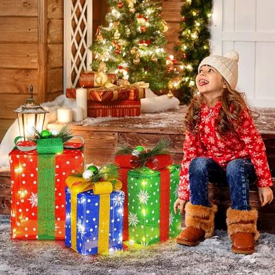 Lot de 3 Boîte Cadeaux LED Décoration Noël Lumineux avec Nœud Étanche avec 52 LED Blanc Chaud pour Intérieur Extérieur