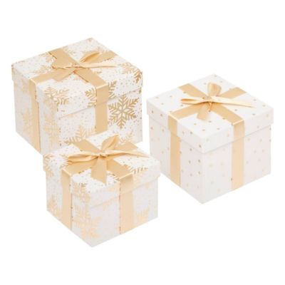 Lot de 3 boîtes cadeau carrées imprimées flocons étoiles dorés blanc - feeric lights & christmas