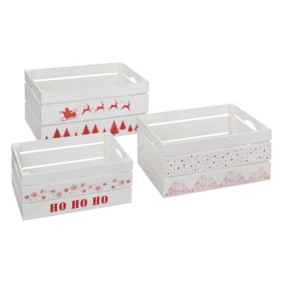 Lot de 3 cagettes de Noël en bois - L. 40 x P. 25 x H. 20 cm - Blanc