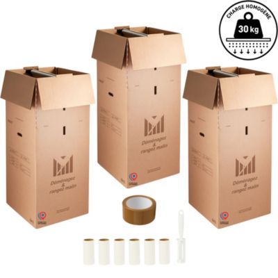 Lot de 3 Cartons Penderie Réglables avec Tringle - 80 à 120 cm - Brosse Offertes - Transport Vêtements sur Cintres Sans Froisser