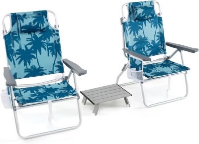 Lot de 3 Chaises Camping avec Table Pliantes,Dossier Réglable,Porte-gobelets,Sac Transport,en Aluminium Ultra Leger (Palmier Bleu)