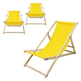 Lot de 3 chaises longue de jardin bain de soleil jaune cadre bois de pin