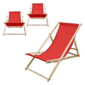 Lot de 3 chaises longue de jardin bain de soleil rouge cadre bois de pin