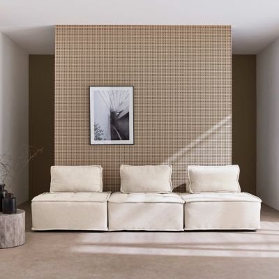 Lot de 3 chauffeuses pour canapé modulables tissu capitonné crème avec 1 coussin