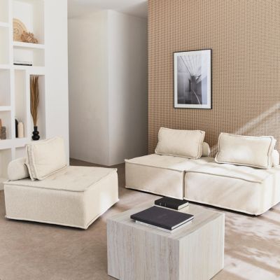 Lot de 3 chauffeuses pour canapé modulables tissu capitonné crème avec 1 coussin