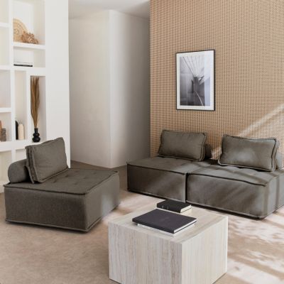 Lot de 3 chauffeuses pour canapé modulables tissu capitonné gris avec 1 coussin