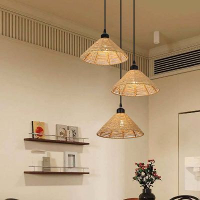 Lot de 3 lustres bohèmes avec ampoules, suspensions en rotin faites main, plafonnier, lumière chaude (3000K), diamètre : 26 cm