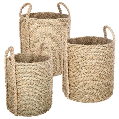 Lot de 3 paniers de rangement ronds et opaques avec poignées, fibres naturelles