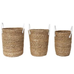 Lot de 3 paniers tressés avec 2 anses en simili - Beige et Blanc