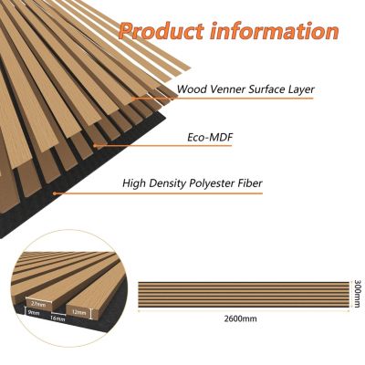 Lot de 3 Panneaux Muraux Décoratifs Acoustiques Bois MDF 260x30cm Chêne foncé  AntiBruit, Facile à Poser