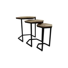 Lot de 3 petites tables hexagonales - Bois de manguier/fer - Naturel/noir - 50 x 65 x 50 cm