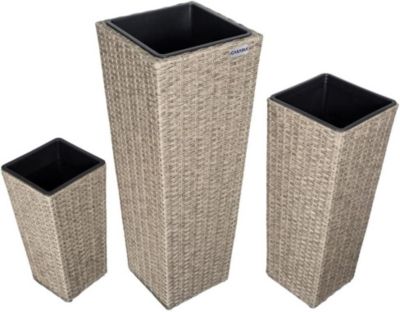 Lot de 3 Pots de Fleurs Polyrotin Couleur Ivoire - Cache-Pot - Evacuation Eau - Bac Fleurs Jardin - Exterieur Interieur