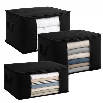 Lot de 3 sacs de rangement pliable pour vêtements, linge de maison avec poignées  - Tissu - 35 L, 60 L et 90 L - Noir - Vivezen