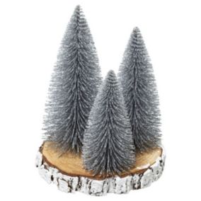 Lot de 3 Sapins sur Rondin "Bois" 20cm Argent