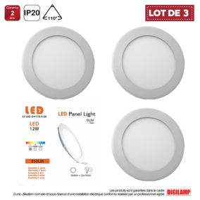 Lot de 3 Spot Encastrable Led Downlight Panel Extra plat 12w Blanc Chaud 3000k, Diamètre : 168mm