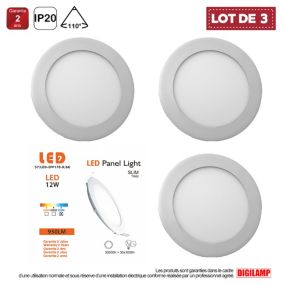 Lot de 3 Spot Encastrable Led Downlight Panel Extra plat 12w Blanc Froid 6000k, Diamètre : 168mm