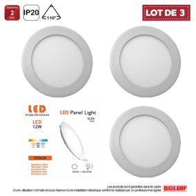 Lot de 3 Spot Encastrable Led Downlight Panel Extra plat 12w Blanc Neutre 4000k, Diamètre : 168mm