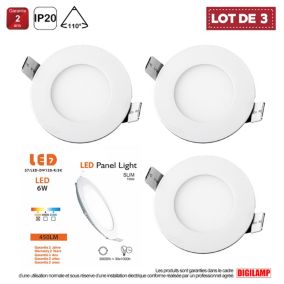 Lot de 3 Spot Encastrable Led Downlight Panel Extra plat 6w Blanc Chaud 3000k, Diamètre : 120mm