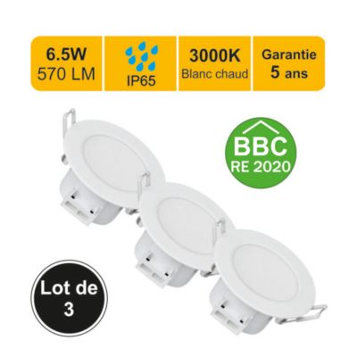 Lot de 3 spots LED encastrable BBC (RT2012/RE2020) IP65 - spécial salle de bain - 6.5W 570 LM 3000K - garantie 5 ans