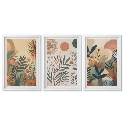 Lot de 3 Tableaux avec Cadre Blanc Tulup 40x60 cm Trio Mural Motifs végétaux aux couleurs douces