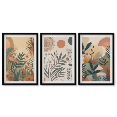 Lot de 3 Tableaux avec Cadre Noir Tulup 40x60 cm Trio Mural Motifs végétaux aux couleurs douces