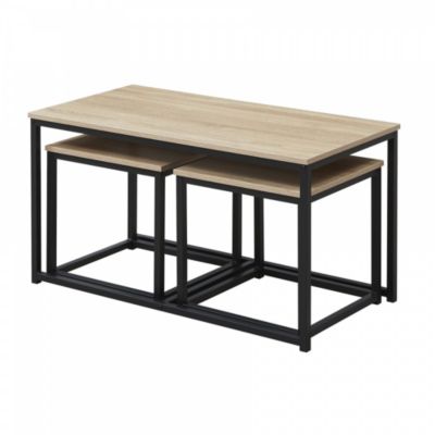 Lot de 3 tables basses gigognes CALVI / Décor Chêne blanchi et Piètement métal noir