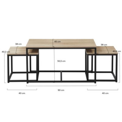 Lot de 3 tables basses gigognes CALVI / Décor Chêne blanchi et Piètement métal noir