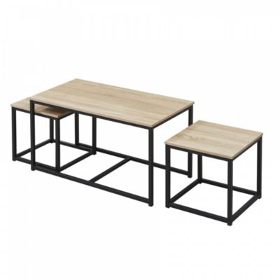 Lot de 3 tables basses gigognes CALVI / Décor Chêne blanchi et Piètement métal noir