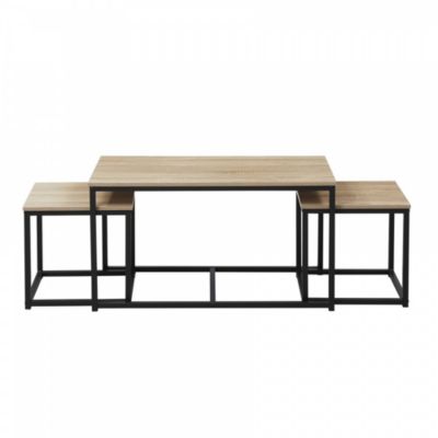 Lot de 3 tables basses gigognes CALVI / Décor Chêne blanchi et Piètement métal noir
