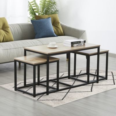 Lot de 3 tables basses gigognes CALVI / Décor Chêne blanchi et Piètement métal noir