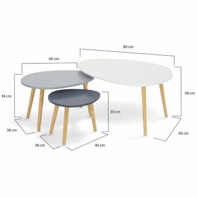 Lot de 3 tables basses gigognes GAIA laquées blanc gris scandinave