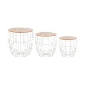 Lot de 3 tables à café en bois clair et métal blanc