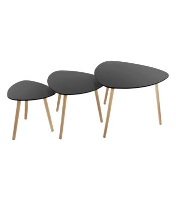 Lot de 3 tables à café gigogne en Bois Noir et pieds en Bois d'Hévéa